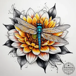 Tattoo sketch chrysanthemum with a dragonfly,... - эскиз тату (№1757471390_0, 10.09.2025 02:29) — tattoo-photo.ru