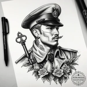 Tattoo sketch soldier with a key, artistic ta... - эскиз тату (№1757474289_0, 10.09.2025 03:18) — tattoo-photo.ru