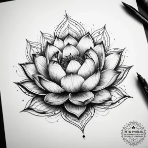 Tattoo sketch sesen (lotus flower) with a sun... - эскиз тату (№1757499704_0, 10.09.2025 10:21) — tattoo-photo.ru