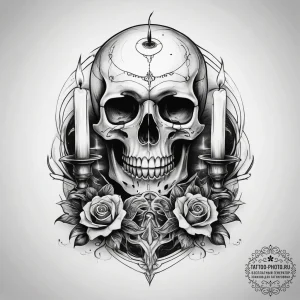Tattoo sketch dark academia skull and a candl... - эскиз тату (№1757506936_0, 10.09.2025 12:22) — tattoo-photo.ru