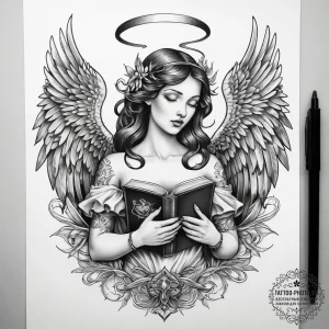 Tattoo sketch angel with a book, concept art... - эскиз тату (№1757514195_0, 10.09.2025 14:23) — tattoo-photo.ru