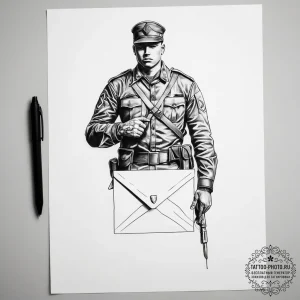 Tattoo sketch soldier with a letter - эскиз тату (№1757515970_0, 10.09.2025 14:52) — tattoo-photo.ru