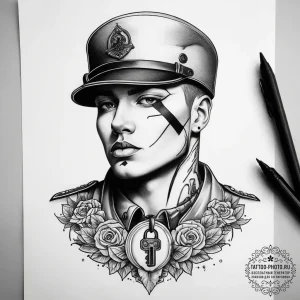 Tattoo sketch soldier with a lock, tattoo fla... - эскиз тату (№1757557286_0, 11.09.2025 02:21) — tattoo-photo.ru