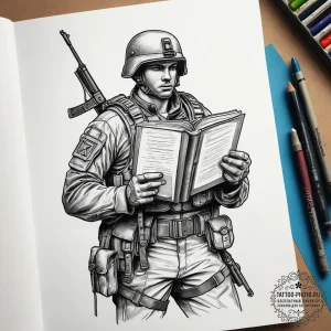 Tattoo sketch soldier with a book, artistic t... - эскиз тату (№1757569897_0, 11.09.2025 05:51) — tattoo-photo.ru