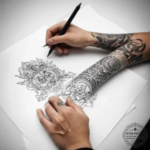Tattoo sketch hands with a scroll - эскиз тату (№1757573576_0, 11.09.2025 06:52) — tattoo-photo.ru