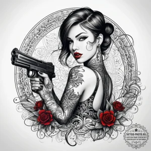 Tattoo sketch girl with a gun, concept art fo... - эскиз тату (№1757580559_0, 11.09.2025 08:49) — tattoo-photo.ru
