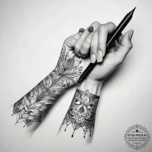 Tattoo sketch hands with a pen, concept art f... - эскиз тату (№1757585227_0, 11.09.2025 10:07) — tattoo-photo.ru