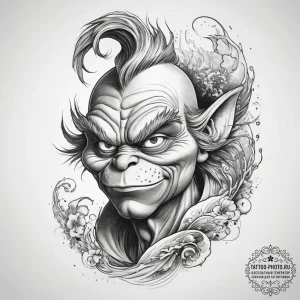 Tattoo sketch the grinch with a feather, tatt... - эскиз тату (№1757585619_0, 11.09.2025 10:13) — tattoo-photo.ru