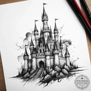 Tattoo sketch castle, concept art for tattoo,... - эскиз тату (№1757601344_0, 11.09.2025 14:35) — tattoo-photo.ru