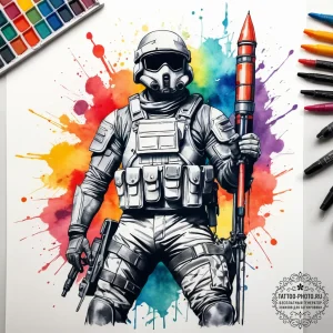 Tattoo sketch soldier with a rocket, tattoo d... - эскиз тату (№1757611018_0, 11.09.2025 17:16) — tattoo-photo.ru