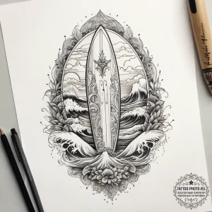 Tattoo sketch surfing surfboard on a wave, ta... - эскиз тату (№1757615259_0, 11.09.2025 18:27) — tattoo-photo.ru