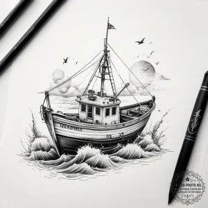 Tattoo sketch fishing a fishing boat, tattoo... - эскиз тату (№1757623940_0, 11.09.2025 20:52) — tattoo-photo.ru