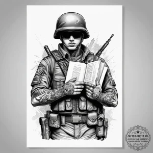 Tattoo sketch soldier with a book, ink illust... - эскиз тату (№1757630750_0, 11.09.2025 22:45) — tattoo-photo.ru