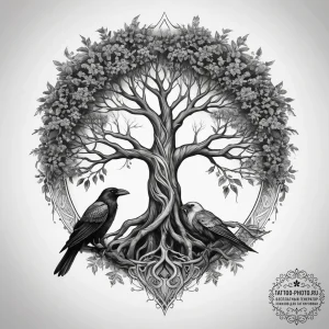 Tattoo sketch yggdrasil and raven, ink illust... - эскиз тату (№1757665217_0, 12.09.2025 08:20) — tattoo-photo.ru