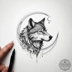 Tattoo sketch crescent moon with a wolf, tatt... - эскиз тату (№1757667164_0, 12.09.2025 08:52) — tattoo-photo.ru