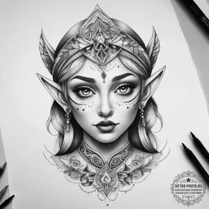 Tattoo sketch elf, ink illustration for tatto... - эскиз тату (№1757667947_0, 12.09.2025 09:05) — tattoo-photo.ru