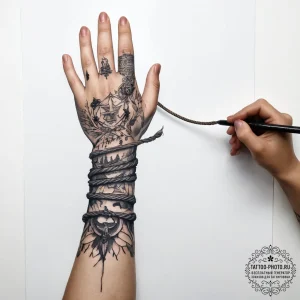 Tattoo sketch hands with a rope - эскиз тату (№1757668141_0, 12.09.2025 09:09) — tattoo-photo.ru