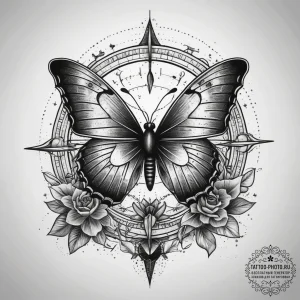 Tattoo sketch sundial with a butterfly, tatto... - эскиз тату (№1757676518_0, 12.09.2025 11:28) — tattoo-photo.ru