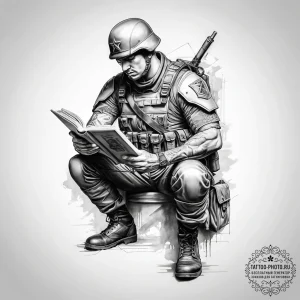Tattoo sketch soldier with a book - эскиз тату (№1757694033_0, 12.09.2025 16:20) — tattoo-photo.ru