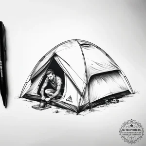 Tattoo sketch camping a person in a tent - эскиз тату (№1757702849_0, 12.09.2025 18:47) — tattoo-photo.ru