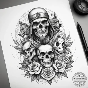 Tattoo sketch soldier with a werewolf, concep... - эскиз тату (№1757714467_0, 12.09.2025 22:01) — tattoo-photo.ru