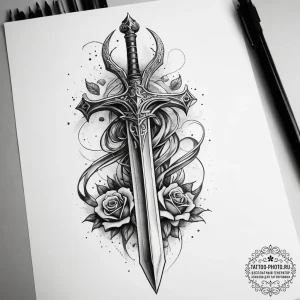 Tattoo sketch zmey gorynych with a sword, art... - эскиз тату (№1757738945_0, 13.09.2025 04:49) — tattoo-photo.ru