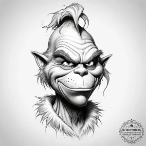 Tattoo sketch the grinch with a feather, conc... - эскиз тату (№1757740505_0, 13.09.2025 05:15) — tattoo-photo.ru