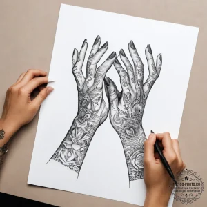 Tattoo sketch hands with a letter - эскиз тату (№1757749182_0, 13.09.2025 07:39) — tattoo-photo.ru