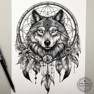 Tattoo sketch dreamcatcher with wolf, ink ill... - эскиз тату (№1757749973_0, 13.09.2025 07:52) — tattoo-photo.ru