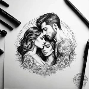 Tattoo sketch romantic sunrise with a couple - эскиз тату (№1757753910_0, 13.09.2025 08:58) — tattoo-photo.ru