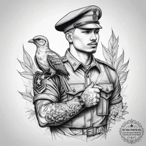 Tattoo sketch soldier with a bird, tattoo ske... - эскиз тату (№1757754698_0, 13.09.2025 09:11) — tattoo-photo.ru