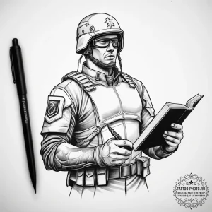 Tattoo sketch soldier with a book, ink illust... - эскиз тату (№1757754899_0, 13.09.2025 09:14) — tattoo-photo.ru