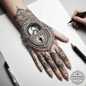Tattoo hands with a lock, artistic tattoo ske... - эскиз тату (№1757779595_0, 13.09.2025 16:06) — tattoo-photo.ru