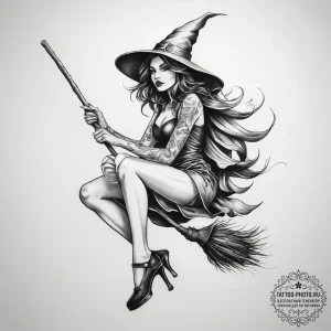 Tattoo sketch witch on broom - эскиз тату (№1757783748_0, 13.09.2025 17:15) — tattoo-photo.ru