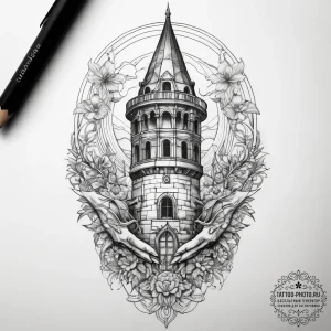 Tattoo sketch hands with a tower, tattoo line... - эскиз тату (№1757783942_0, 13.09.2025 17:19) — tattoo-photo.ru