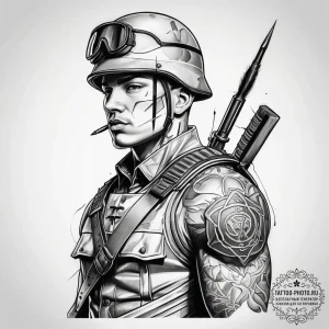 Tattoo sketch soldier with a brush, tattoo li... - эскиз тату (№1757793205_0, 13.09.2025 19:53) — tattoo-photo.ru