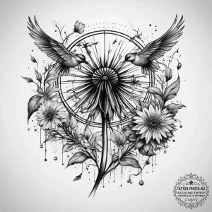 Tattoo sketch dandelion with flying birds, ta... - эскиз тату (№1757804700_0, 13.09.2025 23:05) — tattoo-photo.ru