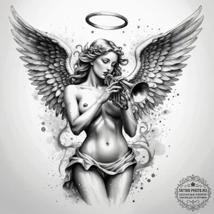 Tattoo sketch angel with trumpet, tattoo sket... - эскиз тату (№1757804893_0, 13.09.2025 23:08) — tattoo-photo.ru