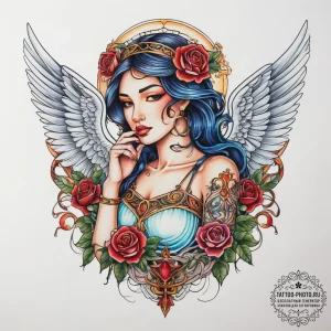 Tattoo sketch angel with a rose, tattoo drawi... - эскиз тату (№1757805688_0, 13.09.2025 23:21) — tattoo-photo.ru