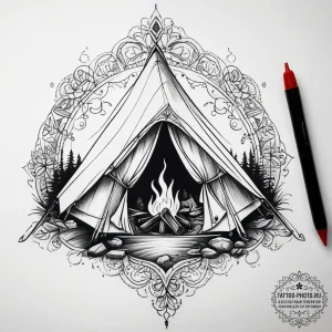 Tattoo sketch camping tent with a campfire, c... - эскиз тату (№1757819616_0, 14.09.2025 03:13) — tattoo-photo.ru
