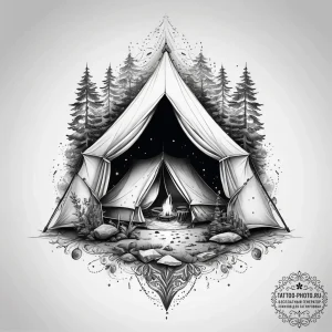 Tattoo sketch camping a person in a tent, con... - эскиз тату (№1757820194_0, 14.09.2025 03:23) — tattoo-photo.ru