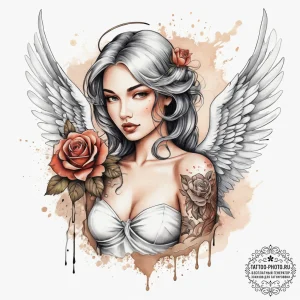 Tattoo sketch angel with a rose, concept art... - эскиз тату (№1757829440_0, 14.09.2025 05:57) — tattoo-photo.ru