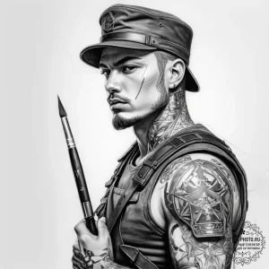 Tattoo sketch soldier with a brush - эскиз тату (№1757841416_0, 14.09.2025 09:16) — tattoo-photo.ru