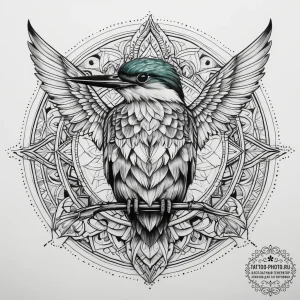 Tattoo sketch green kingfisher, tattoo flash... - эскиз тату (№1757847290_0, 14.09.2025 10:54) — tattoo-photo.ru