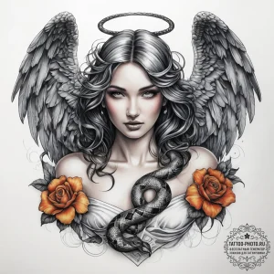 Tattoo sketch angel with a snake, concept art... - эскиз тату (№1757867209_0, 14.09.2025 16:26) — tattoo-photo.ru