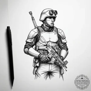 Tattoo sketch soldier with a paper, concept a... - эскиз тату (№1757878374_0, 14.09.2025 19:32) — tattoo-photo.ru