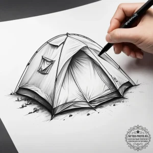 Tattoo sketch camping a person in a tent - эскиз тату (№1757886475_0, 14.09.2025 21:47) — tattoo-photo.ru