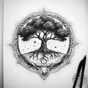 Tattoo sketch earth with a tree, tattoo flash... - эскиз тату (№1757889052_0, 14.09.2025 22:30) — tattoo-photo.ru