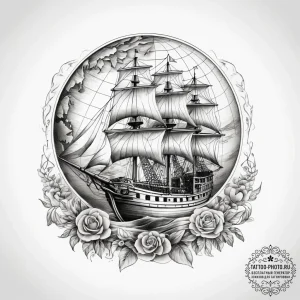 Tattoo sketch antique globe with a sailing sh... - эскиз тату (№1757907965_0, 15.09.2025 03:46) — tattoo-photo.ru