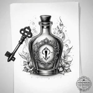 Tattoo sketch magic potion bottle with a key - эскиз тату (№1757910532_0, 15.09.2025 04:28) — tattoo-photo.ru